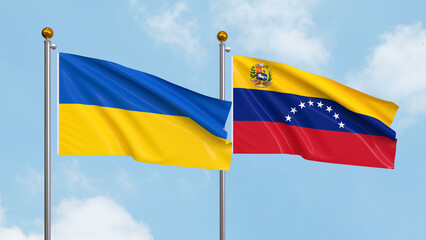 Waving flags of Ukraine and Venezuela on sky background. Illustrating International Diplomacy, Friendship and Partnership with Soaring Flags against the Sky. 3D illustration.