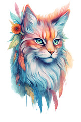 Generativ Mystical Maine coon cat with spiritual feather fur and colorful drops, Generative AI