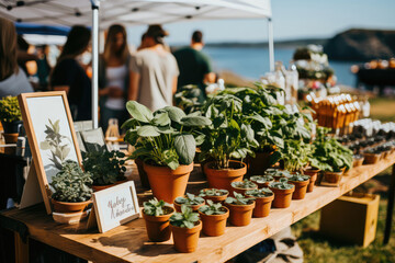 Showcasing a lively farmers market set up on a California beach, with stalls offering fresh produce, colorful flowers, artisanal crafts, and the delightful buzz of locals and tourists exploring the ma