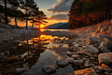 A breathtaking sunset over a secluded coastal cove, with golden hues reflecting on the calm turquoise water, creating a serene atmosphere