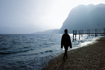 Walking on the shore of Como Lake at Menaggio, Lombardy, Italy
