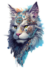 Fototapeta premium Generativ Mystical Maine coon cat with spiritual feather fur and colorful drops, Generative AI