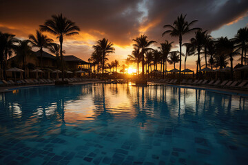 A luxurious infinity pool overlooking the ocean, with palm trees swaying in the breeze and a breathtaking sunset painting the sky with vibrant colors, offering the ultimate indulgence in paradise