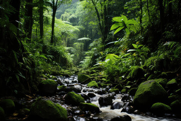 Fototapeta na wymiar A hidden waterfall nestled in a lush jungle, with moss-covered rocks, ferns, and a sense of tranquility in the air, inviting viewers to discover the beauty of untouched nature