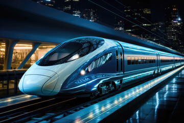 A high-speed train zooming past on a futuristic railway, showcasing the advancements in transportation engineering and infrastructure