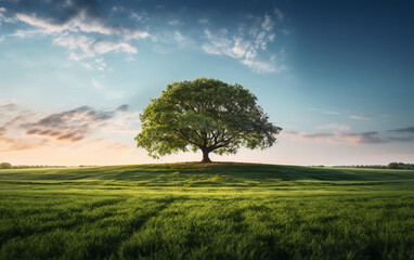 Obraz premium Beautiful tree in the middle of a field covered with grass with the tree line in the background
