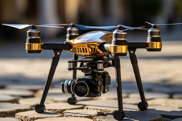 A drone hovering in the sky, capturing aerial footage of a construction site or surveying land, illustrating the application of engineering in remote sensing and aerial imaging
