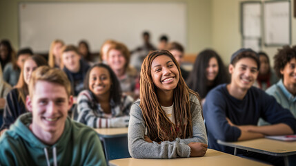 Fototapeta na wymiar Happy teenage students in the classroom. Generative AI
