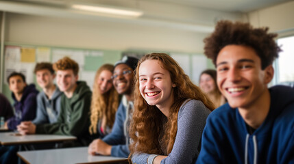 Obraz premium Happy teenage students in the classroom. Generative AI
