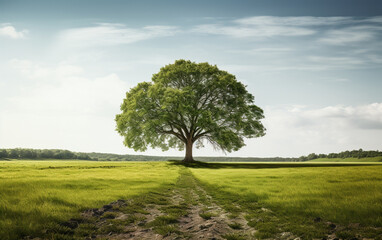 Obraz premium Beautiful tree in the middle of a field covered with grass with the tree line in the background