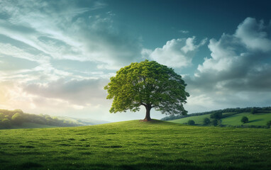 Obraz premium Beautiful tree in the middle of a field covered with grass with the tree line in the background