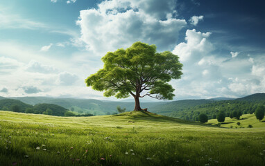 Beautiful tree in the middle of a field covered with grass with the tree line in the background