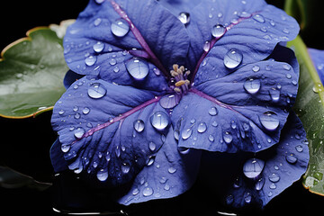 A detailed shot of a droplet-filled spiderwort flower, highlighting the translucency of the petals and the interaction between water and plant