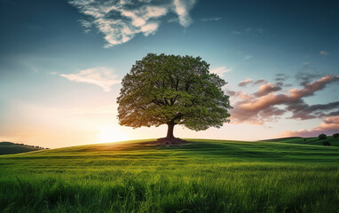 Fototapeta premium Beautiful tree in the middle of a field covered with grass with the tree line in the background