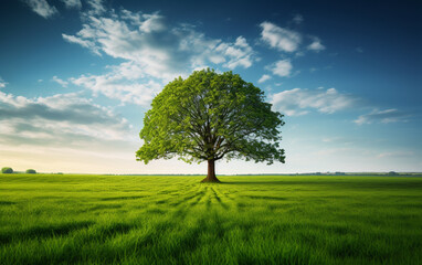 Beautiful tree in the middle of a field covered with grass with the tree line in the background