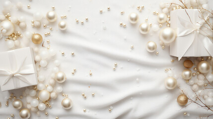 Layflat of white presents surrounded by white and gold holiday ornaments and branches on draped white background