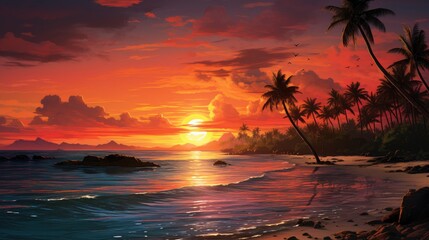 Fototapeta na wymiar Tranquil Sunset on Tropical Beach with Palm Trees and Ocean. Afterglow illuminates serene tropical beach with coconut palm trees at sunset.