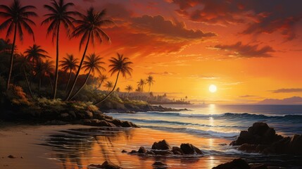 Fototapeta na wymiar Tranquil Sunset over Tropical Shoreline with Palm Trees and Coconut Trees. Sunset beach with coconut palm trees, calm ocean, and colorful sky.