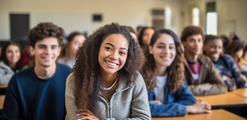 Fototapeta premium Happy teenage students in the classroom. Generative AI