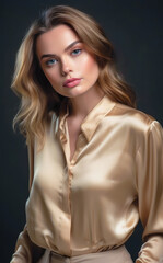 Naklejka premium Beautiful girl. Fashionable and stylish woman inbeige clothes. Fashion look, beauty and style. Natural makeup, easy styling
