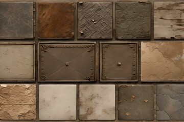 Old brown gray rusty vintage worn shabby patchwork motif tiles stone concrete cement wall texture background banner panorama
