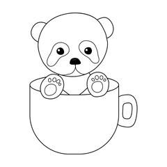 Coloring. The contour of a cute panda on a white background, which sits in a cup. Vector illustration. Beautiful black and white animal.