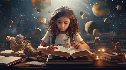 Illustration of school child reading a book. Made with Generative AI. - obrazy, fototapety, plakaty