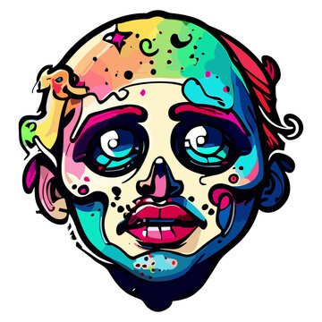 Happy skull mask. Psychedelic rainbow colors. Vibrant skull face cartoon On transparent background (PNG). Generative AI