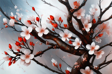 Kwitnące drzewo wiśni, tapeta kwiaty, abstrakcja. Generative AI - obrazy, fototapety, plakaty