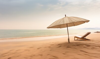  an umbrella and chair on a beach near the ocean and mountains.  generative ai
