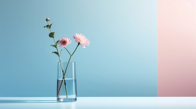  three pink flowers in a glass vase on a blue and pink background.  generative ai