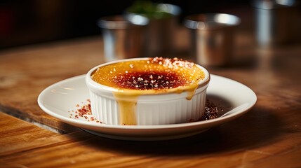  a small dish of food on a plate on a table.  generative ai