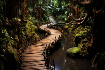 Fototapeta na wymiar Wooden trail in a rainforest