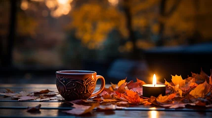 Fotobehang cup of hot tea in autumn, burning candle and autumn leaves on a bokeh background, with space for copy, banner - generative ai © Lara