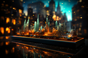 Fototapeta na wymiar Model of a city street with skyscrapers. Blurred metropolis backdrop at night. Generative AI.