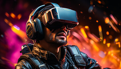 Bearded man in virtual reality glasses, headphones and leather jacket. Orange and pink sparkles at backdrop. Generative AI.