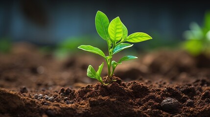 Fototapeta premium a young plant sprouts from the ground in the dirt. generative ai