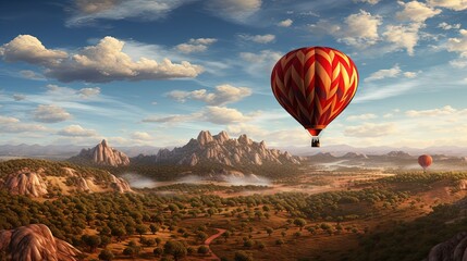  a painting of a hot air balloon flying over a valley.  generative ai