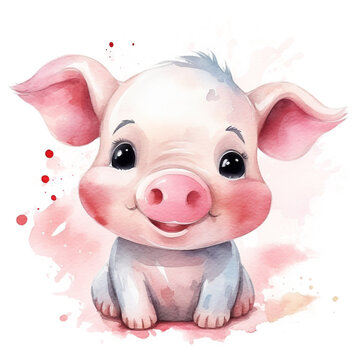recommend clip art: Cute happy smiling baby pig. Watercolor illustration created with Generative Ai technology