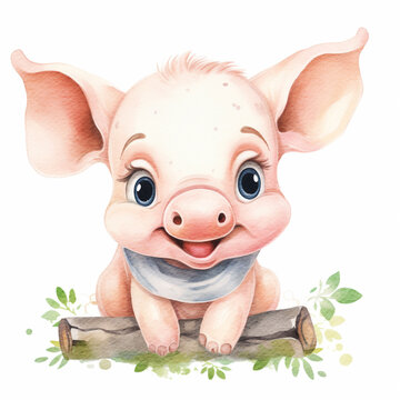 Cute happy smiling baby pig. Watercolor illustration created with Generative Ai technology