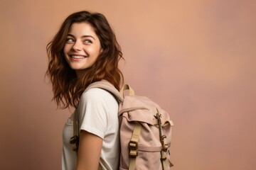 Fictional young woman with a backpack. Isolated on a pink background. Generative AI.