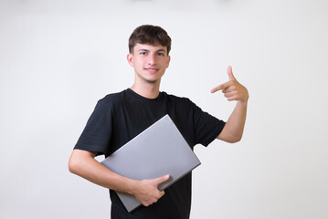 Successful freelance caucasian student using laptop, watching webinars, working remotely, e-learning online e-commerce isolated on white background