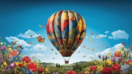 Obraz premium a painting of a hot air balloon in a field of flowers. generative ai