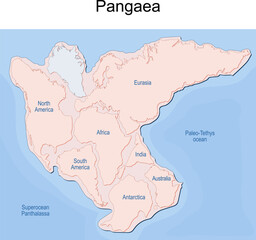 Supercontinent Pangaea with modern continental borders, Superocean Panthalassa, and Paleo-Tethys Ocean - obrazy, fototapety, plakaty