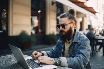 Thoughtful bearded youngster in glasses using laptop in cafe