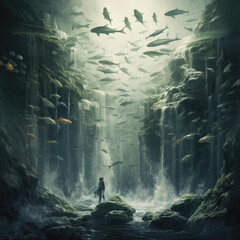 fish under waterfall breathing AI Generative