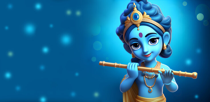 Little krishna with a flute on a blue background 1