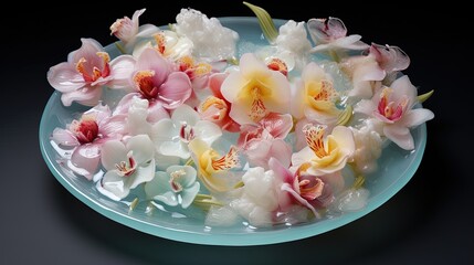  a bowl of water with flowers floating in it on a table.  generative ai