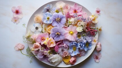  a white plate topped with lots of flowers on top of a table.  generative ai
