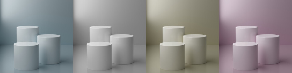 Blank circle podium stand, 3D cylindrical pedestal display.  Column platform pillar for display product in four different colors. Empty stands for presenting products